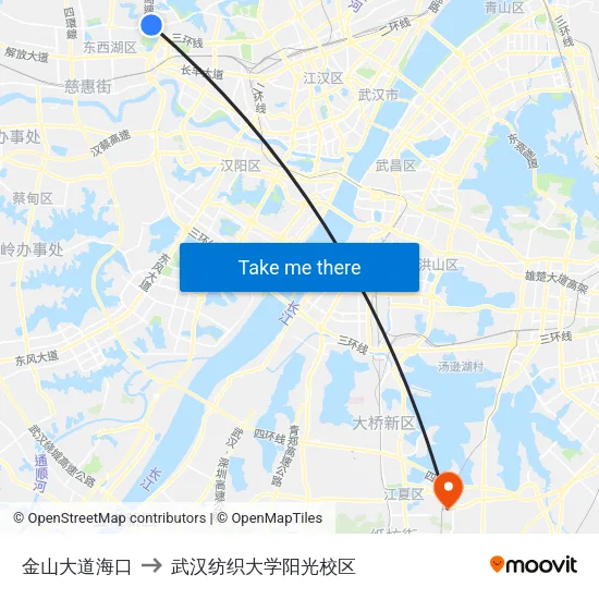 金山大道海口 to 武汉纺织大学阳光校区 map