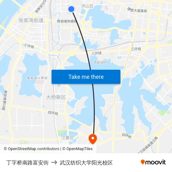 丁字桥南路富安街 to 武汉纺织大学阳光校区 map