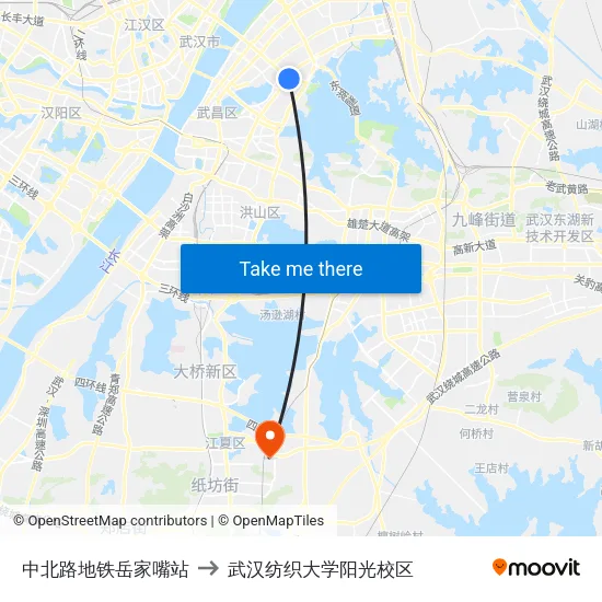 中北路地铁岳家嘴站 to 武汉纺织大学阳光校区 map