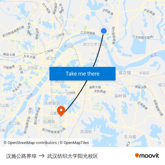 汉施公路界埠 to 武汉纺织大学阳光校区 map