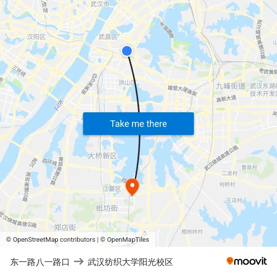 东一路八一路口 to 武汉纺织大学阳光校区 map
