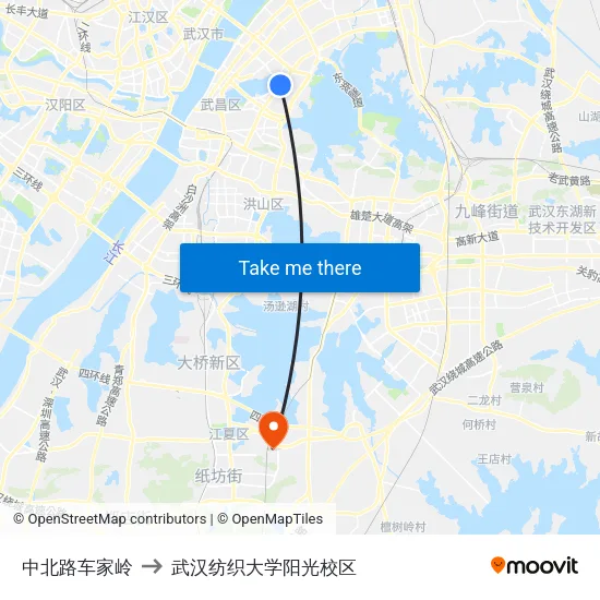 中北路车家岭 to 武汉纺织大学阳光校区 map