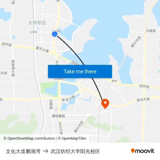 文化大道鹏湖湾 to 武汉纺织大学阳光校区 map