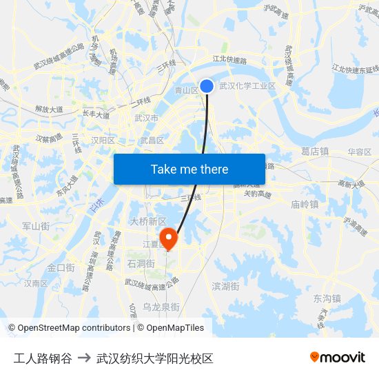 工人路钢谷 to 武汉纺织大学阳光校区 map