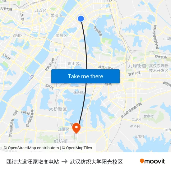 团结大道汪家墩变电站 to 武汉纺织大学阳光校区 map