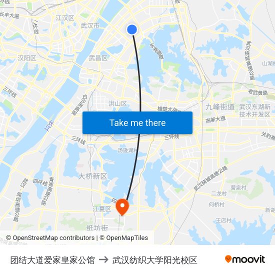 团结大道爱家皇家公馆 to 武汉纺织大学阳光校区 map