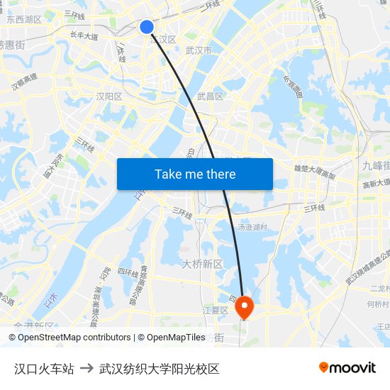 汉口火车站 to 武汉纺织大学阳光校区 map