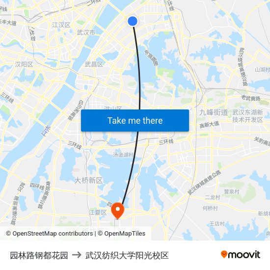 园林路钢都花园 to 武汉纺织大学阳光校区 map