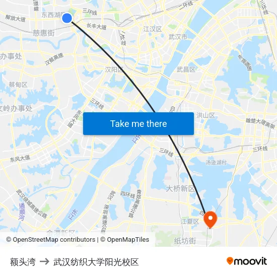 额头湾 to 武汉纺织大学阳光校区 map