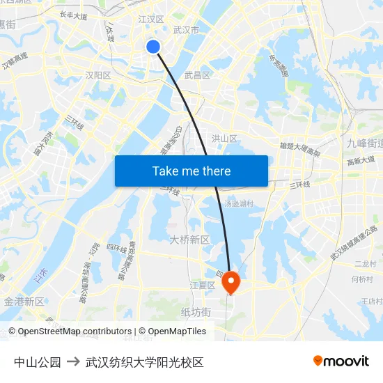 中山公园 to 武汉纺织大学阳光校区 map