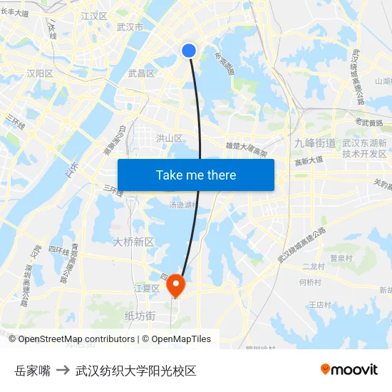岳家嘴 to 武汉纺织大学阳光校区 map