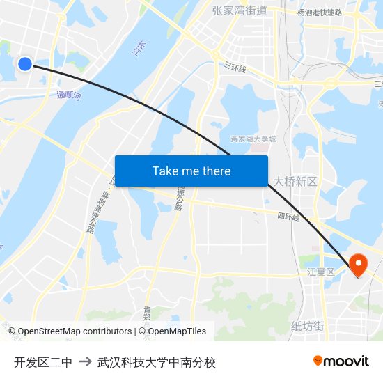 开发区二中 to 武汉科技大学中南分校 map