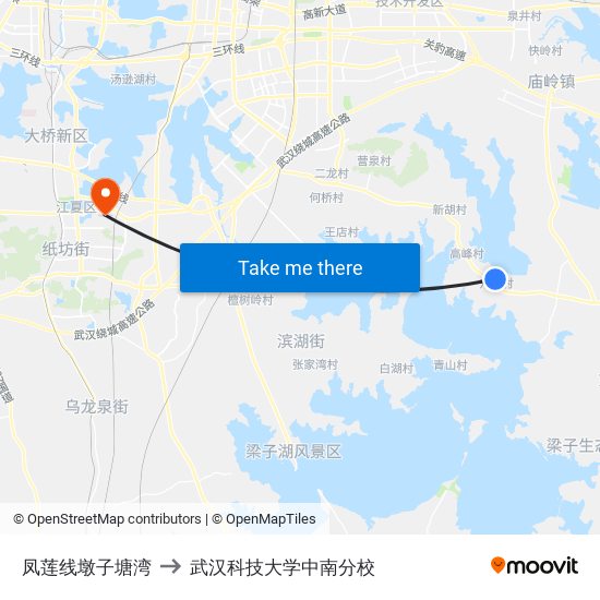 凤莲线墩子塘湾 to 武汉科技大学中南分校 map