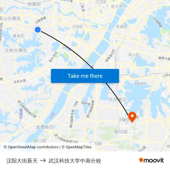 汉阳大街新天 to 武汉科技大学中南分校 map