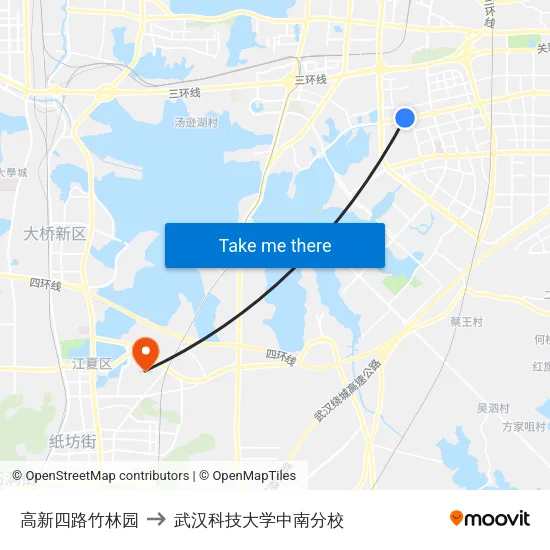 高新四路竹林园 to 武汉科技大学中南分校 map