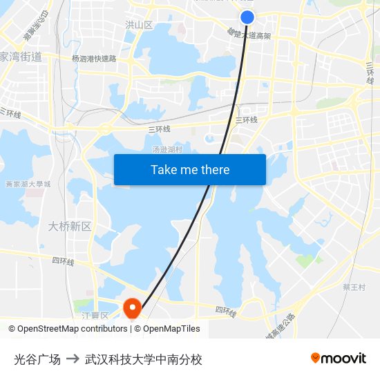 光谷广场 to 武汉科技大学中南分校 map