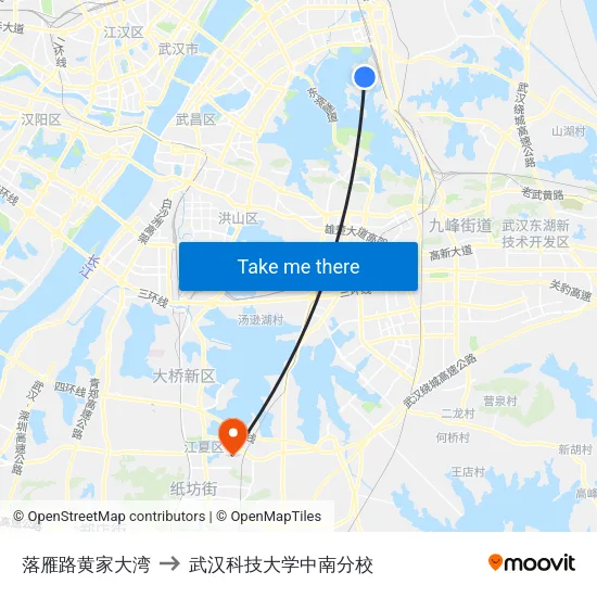落雁路黄家大湾 to 武汉科技大学中南分校 map