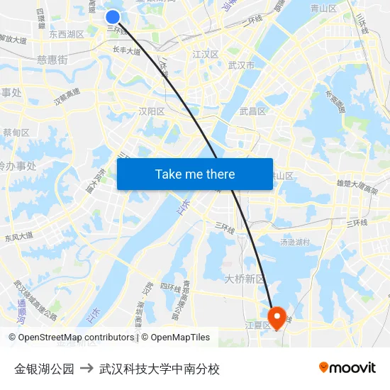 金银湖公园 to 武汉科技大学中南分校 map