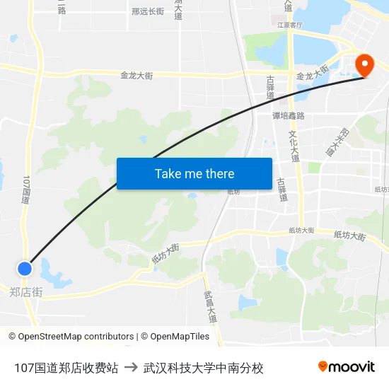 107国道郑店收费站 to 武汉科技大学中南分校 map