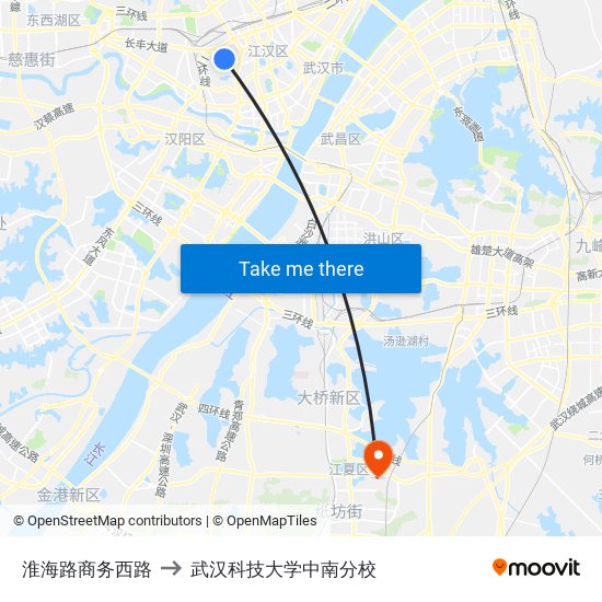 淮海路商务西路 to 武汉科技大学中南分校 map