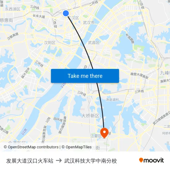 发展大道汉口火车站 to 武汉科技大学中南分校 map