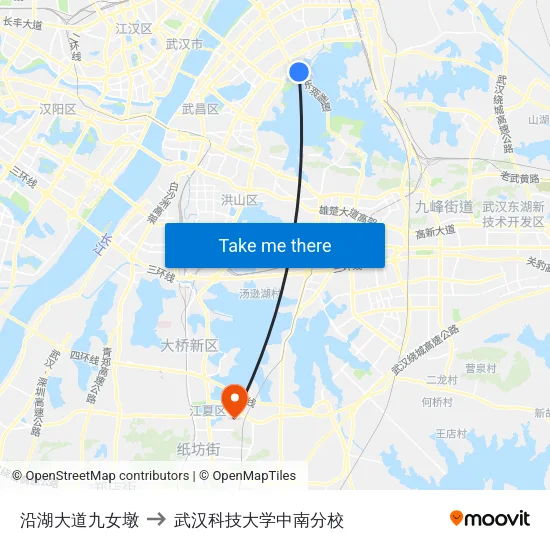沿湖大道九女墩 to 武汉科技大学中南分校 map