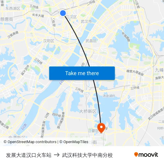 发展大道汉口火车站 to 武汉科技大学中南分校 map