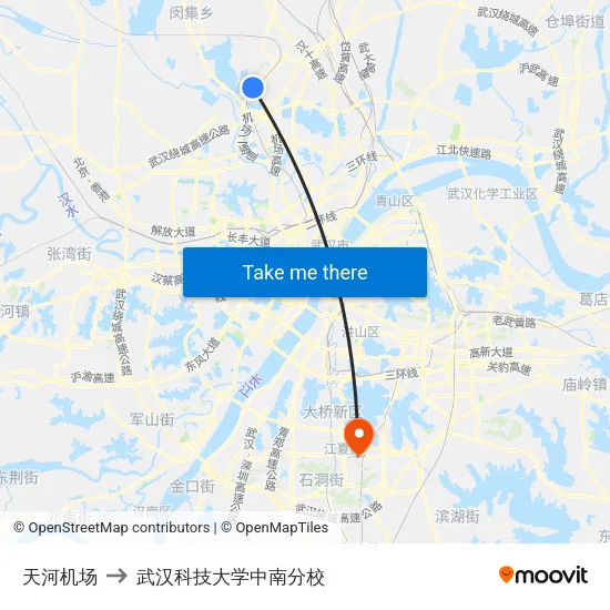天河机场 to 武汉科技大学中南分校 map
