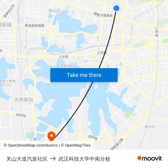关山大道汽发社区 to 武汉科技大学中南分校 map