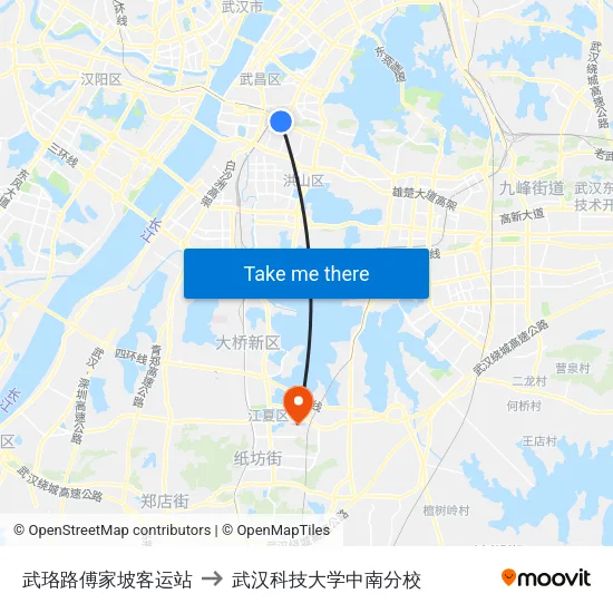 武珞路傅家坡客运站 to 武汉科技大学中南分校 map