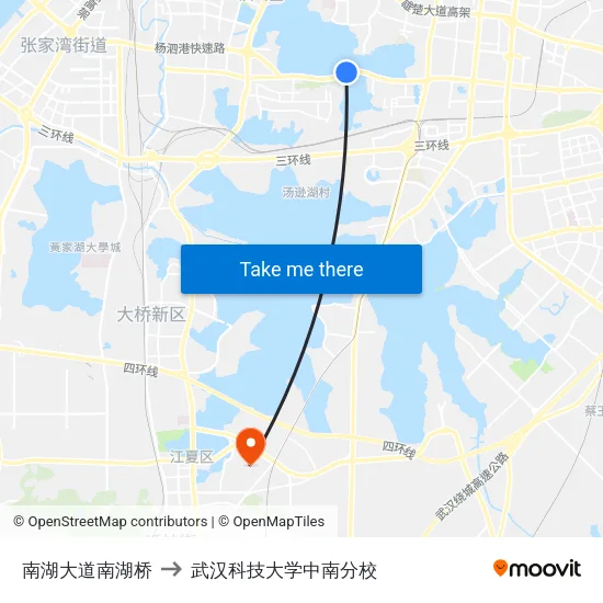 南湖大道南湖桥 to 武汉科技大学中南分校 map