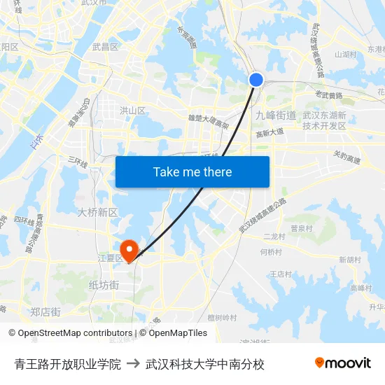 青王路开放职业学院 to 武汉科技大学中南分校 map