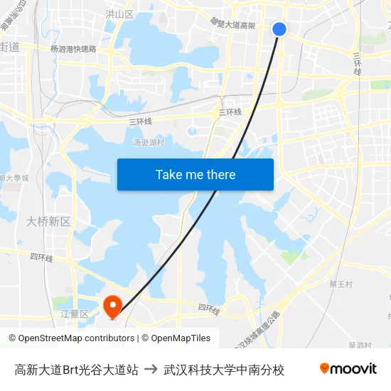 高新大道Brt光谷大道站 to 武汉科技大学中南分校 map