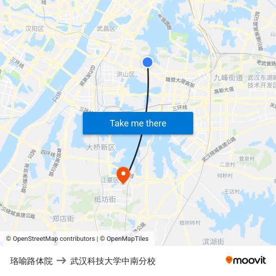 珞喻路体院 to 武汉科技大学中南分校 map