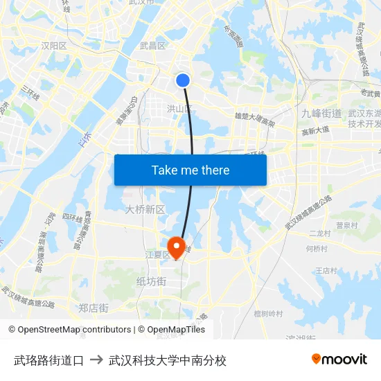 武珞路街道口 to 武汉科技大学中南分校 map
