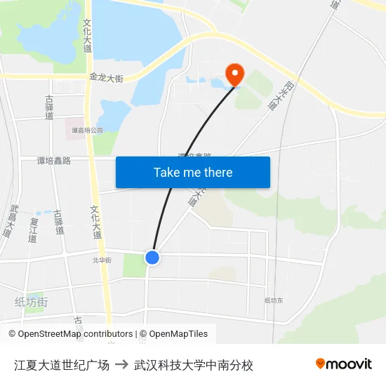 江夏大道世纪广场 to 武汉科技大学中南分校 map
