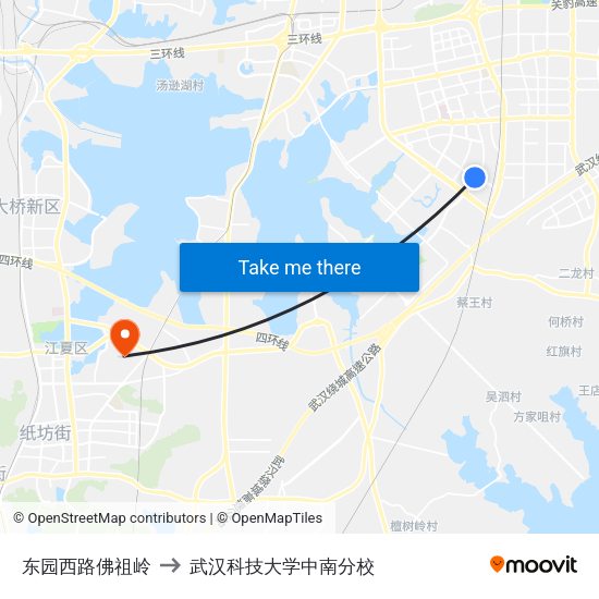 东园西路佛祖岭 to 武汉科技大学中南分校 map