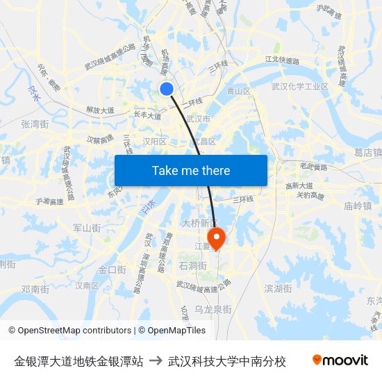 金银潭大道地铁金银潭站 to 武汉科技大学中南分校 map