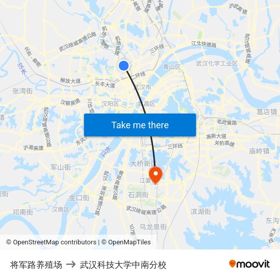 将军路养殖场 to 武汉科技大学中南分校 map