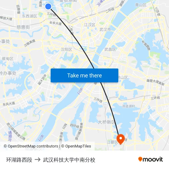 环湖路西段 to 武汉科技大学中南分校 map
