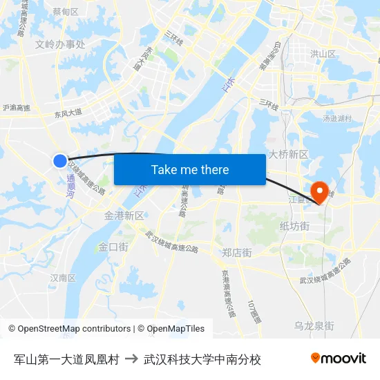 军山第一大道凤凰村 to 武汉科技大学中南分校 map