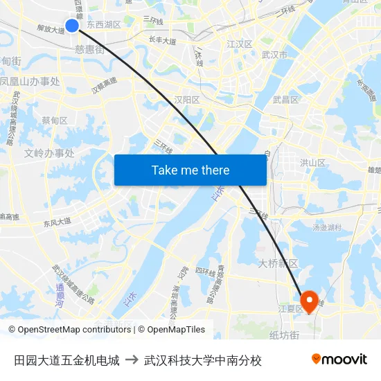 田园大道五金机电城 to 武汉科技大学中南分校 map