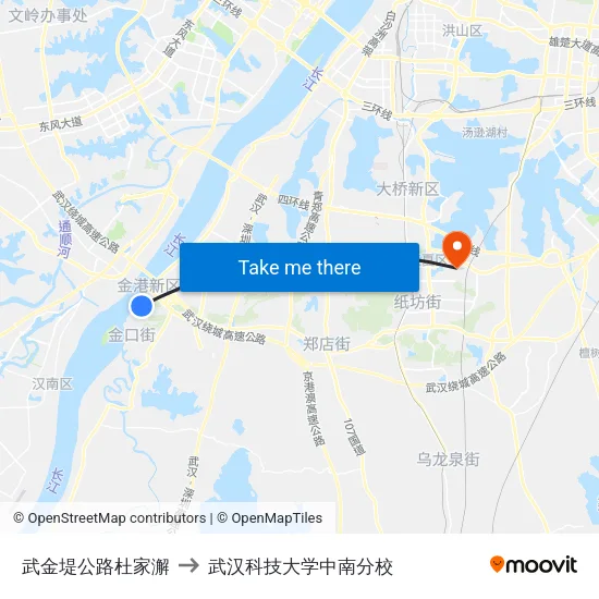武金堤公路杜家澥 to 武汉科技大学中南分校 map