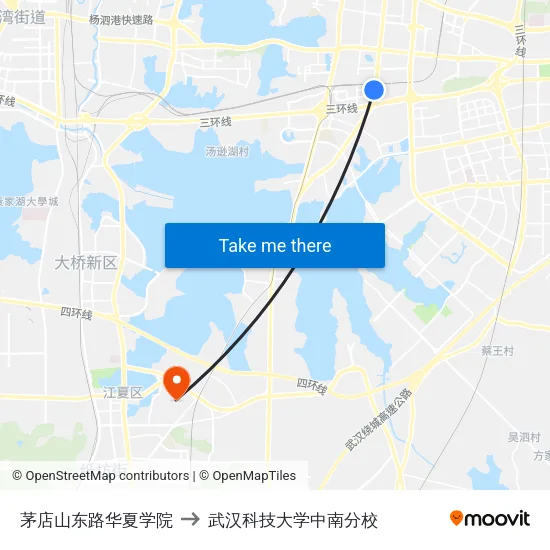 茅店山东路华夏学院 to 武汉科技大学中南分校 map