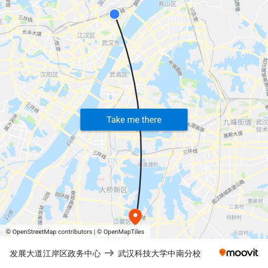 发展大道江岸区政务中心 to 武汉科技大学中南分校 map