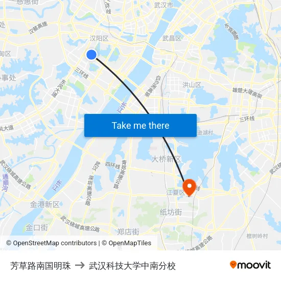 芳草路南国明珠 to 武汉科技大学中南分校 map