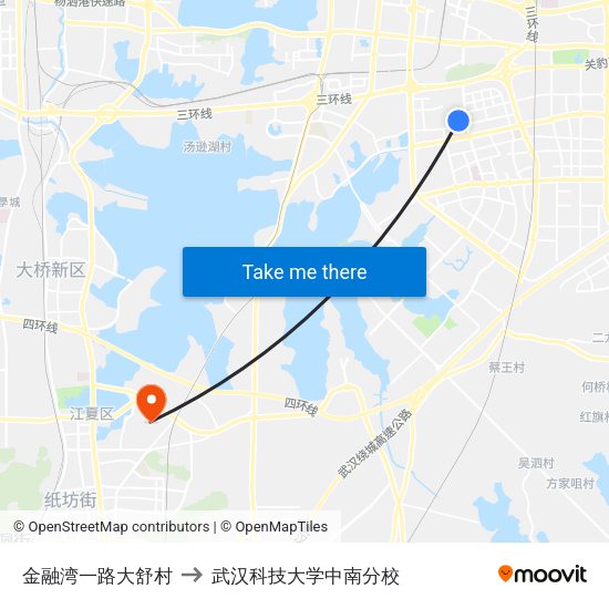 金融湾一路大舒村 to 武汉科技大学中南分校 map