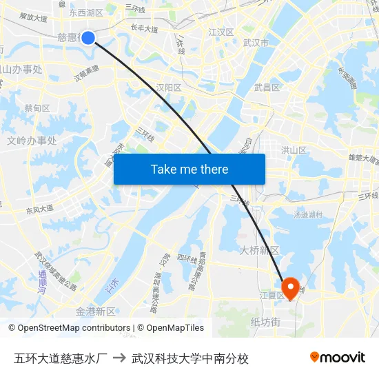 五环大道慈惠水厂 to 武汉科技大学中南分校 map