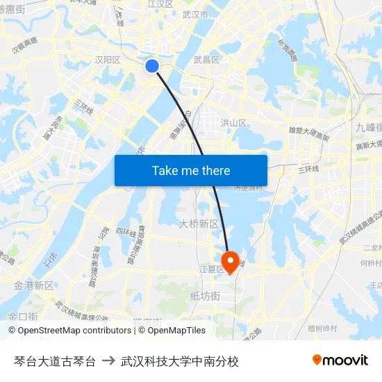 琴台大道古琴台 to 武汉科技大学中南分校 map