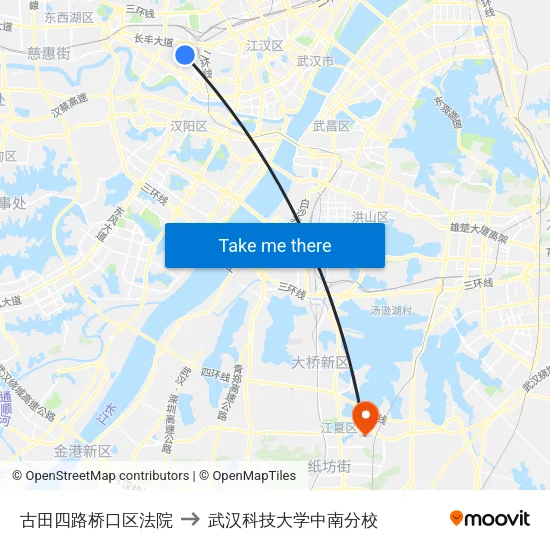 古田四路桥口区法院 to 武汉科技大学中南分校 map